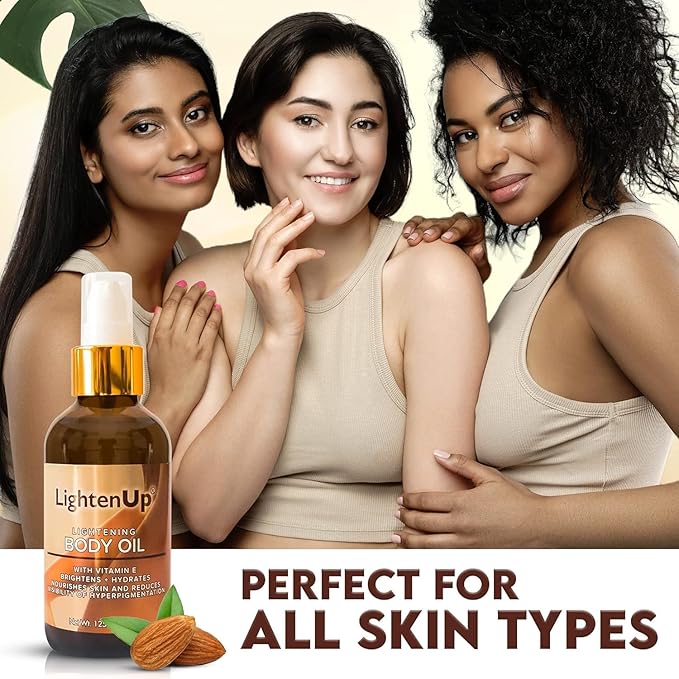 LightenUp, Skin Brightening Body Oil - 4.2 fl oz / 125 ml - Hyperpigmentation Body Seum, Dark Spot Remover, for Men and Women with Vitamin E, Shea Butter, Almond Oil