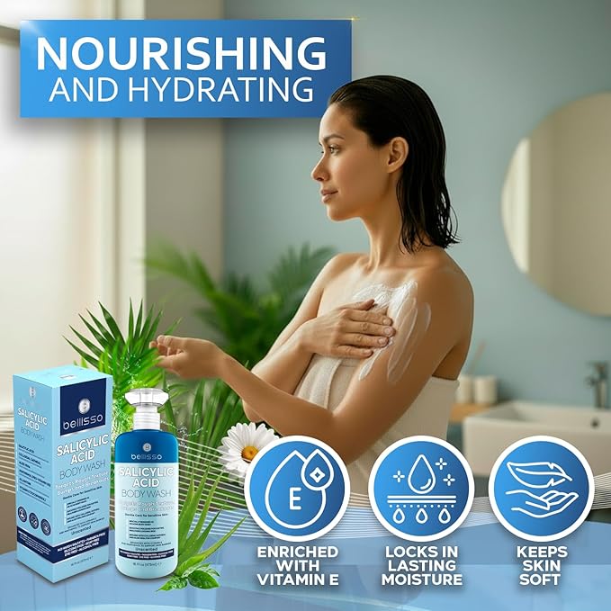 BELLISSO Salicylic Acid Body Wash - Men's and Women's Exfoliating Liquid Soap for Back Acne and KP - For Oily and Sensitive Skin - Sulfate Free Formula - 16 Fl Oz