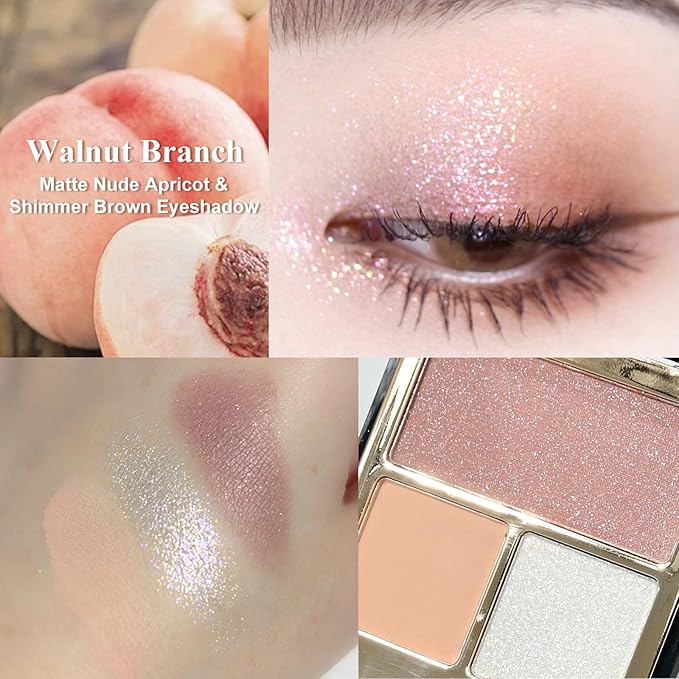KYDA 3 Colors Eyeshadow Palette, Nude Peach Shimmer Rose Brown Eyeshadow, Pearl White Eyes Shadow, High Pigmented Lasting Ultra-fine Neutral Eye Shadow, Mini Eyes Glitter Makeup Pallet
