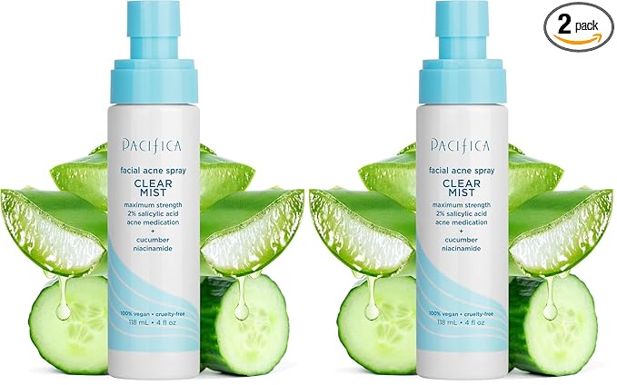 Pacifica Facial Spray for Acne Treatment - Clear Face Mist Acne Spray w/ 2% Salicylic Acid Niacinamide & Aloe - Acne Cleanser - Targets Bacteria for Teens & Adults Vegan Clean Dermatologist Tested