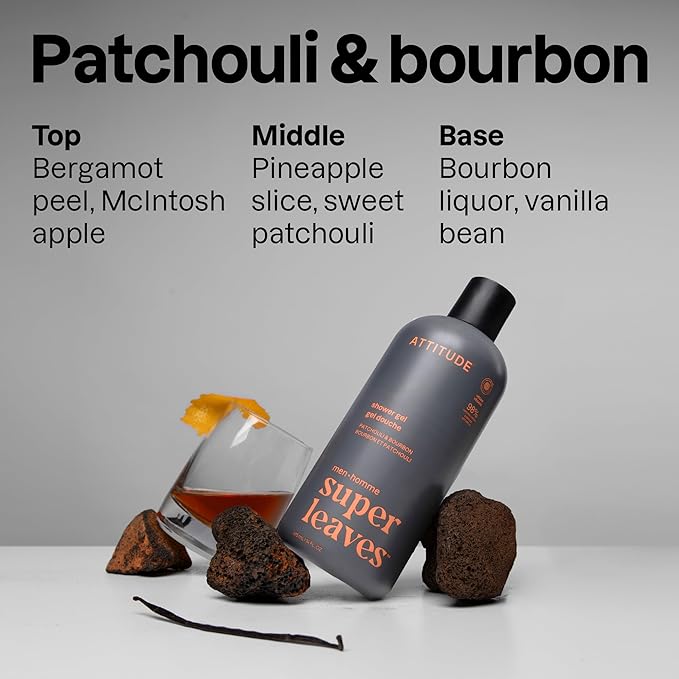 ATTITUDE Shower Gel Body Wash for Men, 98% Natural Origin Ingredients, Paraben & Phthalate Free, EWG Verified, Cleanses Without Drying, Patchouli & Bourbon, 14 Fl Oz (Pack of 3)