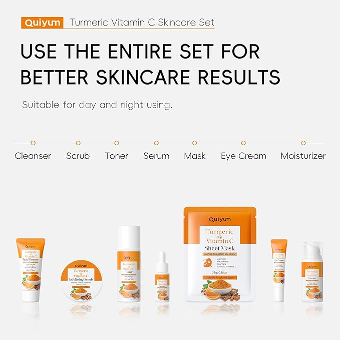QUIYUM Skin Care Set, Turmeric Vitamin C Skincare 7PCS - Facial Skin Care Routine Kit for Women, Dark Spot Remover for Face, Reduce Acne, Oil Control, Deep Clean, Birthday Mother's Day Gifts Sets