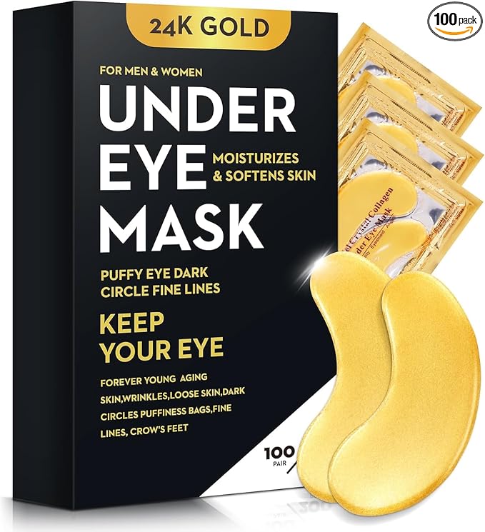 200Pcs/100 Pair Under Eye Patches Gold for Dark Circles, Puffy Eyes, and Wrinkles, 24K Gold Eye Mask for Face, Eye Cream for Men and Women