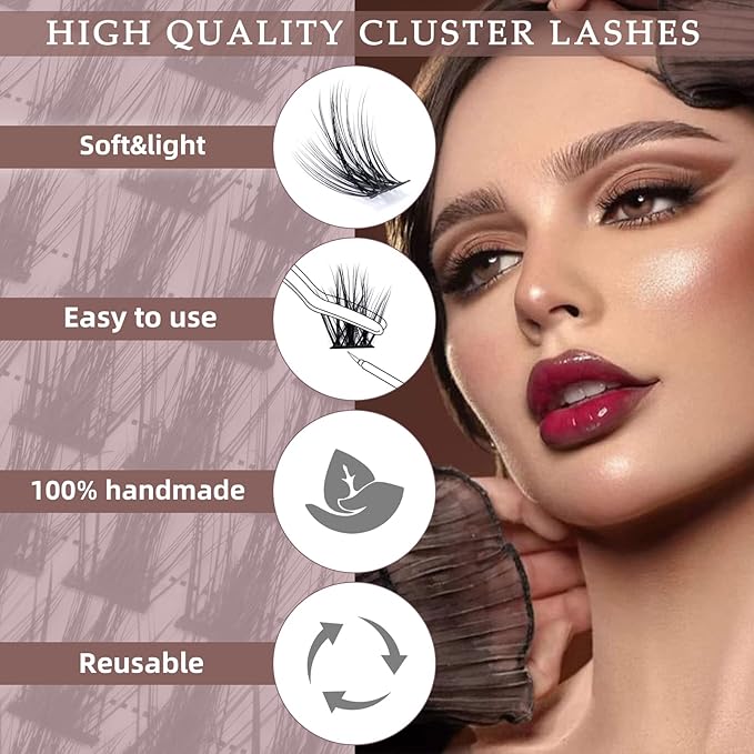 QUEWEL Lash Clusters 72 Pcs Wide Stem Individual Lashes C/D Curl 8-16mm Length DIY Lash Extension Soft False Eyelashes Wispy Cluster Lashes Easy to Create Natural Look At Home(Fluffy02-C-10mm)