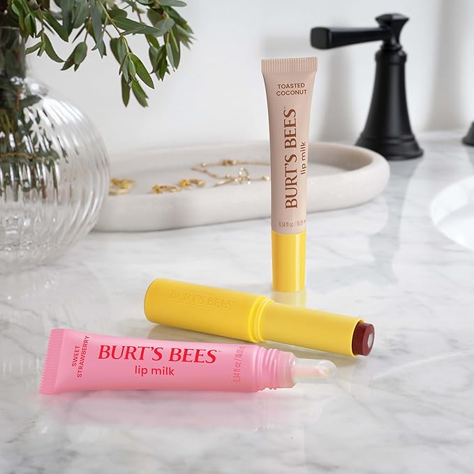 Burt’s Bees Lip Milk, Daily Lip Moisturizer, Sweet Strawberry, Vitamin Enriched Moisturizing Lip Balm with Almond Milk and Jojoba Oil, Hydrating for Softer Lips, 1 Tube, 0.34 Fl Oz
