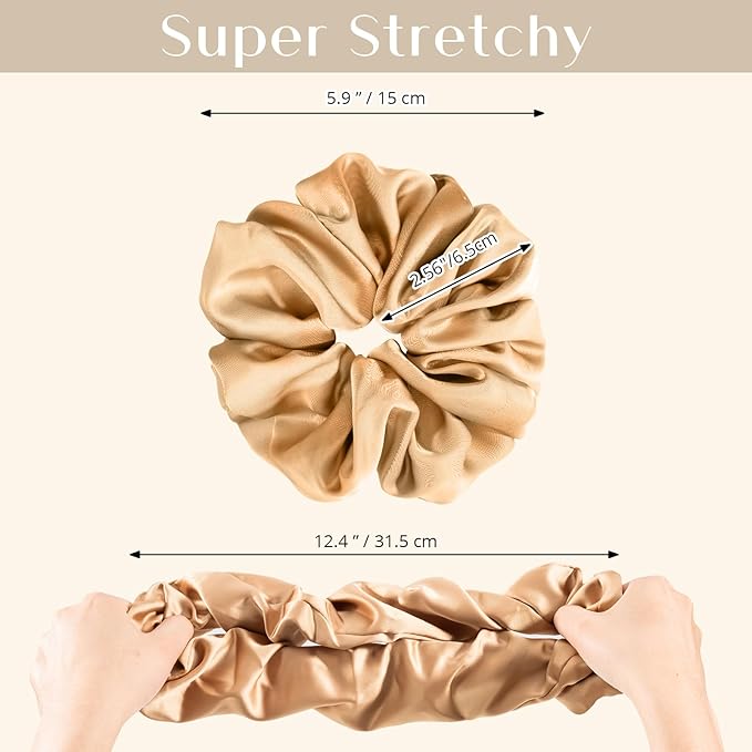 Lolalet Big Satin Scrunchies for Women, 5.9 Inch Large Oversized Scrunchie, Soft Jumbo/Giant Scrunchies Hair Ties for Thick & Curly Hair -4 Pack, Blue/Caramel/Pink/Champagne