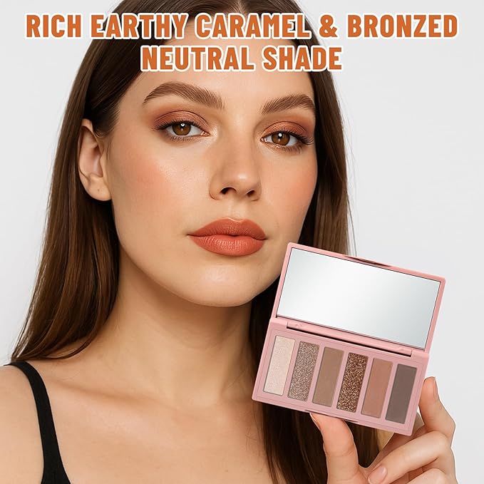 SUSIKEKI 6 Colors Mini Eyeshadow Makeup Palette Caramel & Bronzed Neutral Tone Eye Shadow Matte & Shimmer Nude Make Up Pallet with Mirror Blendable Highly Pigmented Travel Size Gift Kit 05