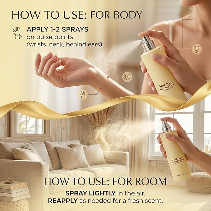 Vanilla on the Beach Hair and Body Mist, Vanilla Ocean Fragrance Spray, Lightweight Fragrance Spray, Warm Coconut & Vanilla Scent for Hair and Skin, Long-Lasting Summer Mist, 8.11 fl oz (1 Pcs)