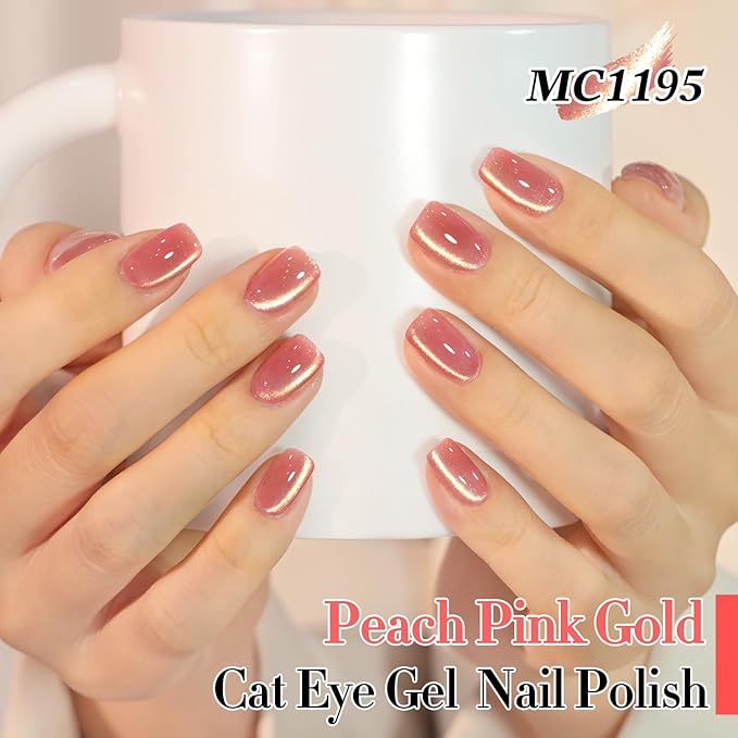 Double Rhythm 15ML Jelly Glass Cat Eye Gel Polish with Magnet Holographic Glitter Shimmer Translucent Sheer Color Salon Soak Off Magnetic Nail at Home (Peach Pink Gold-MC1195)