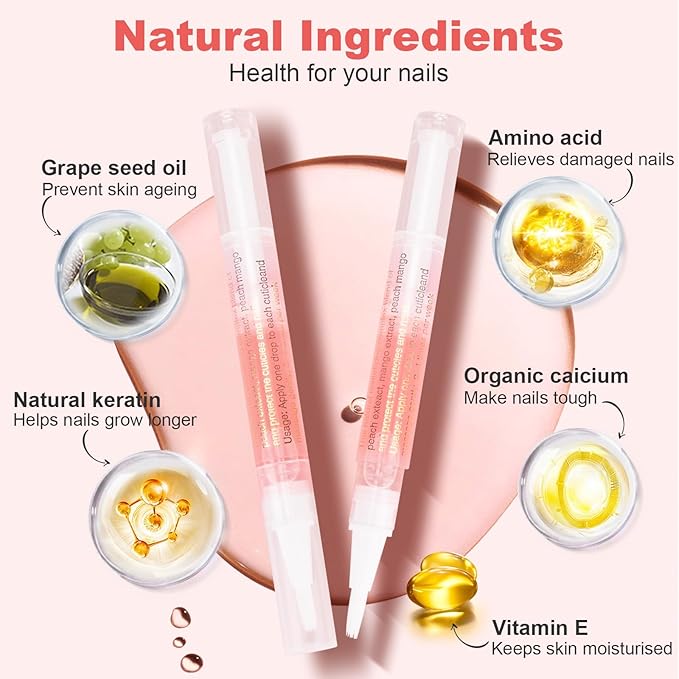 Meschett 3PCS Nail Cuticle Oil Pens with Nail File, Cuticle Oil for Nails from Natural, Nail Oil Cuticle for Cracked and Dry Nail(Orange & Strawberry & Aloe Flavor)