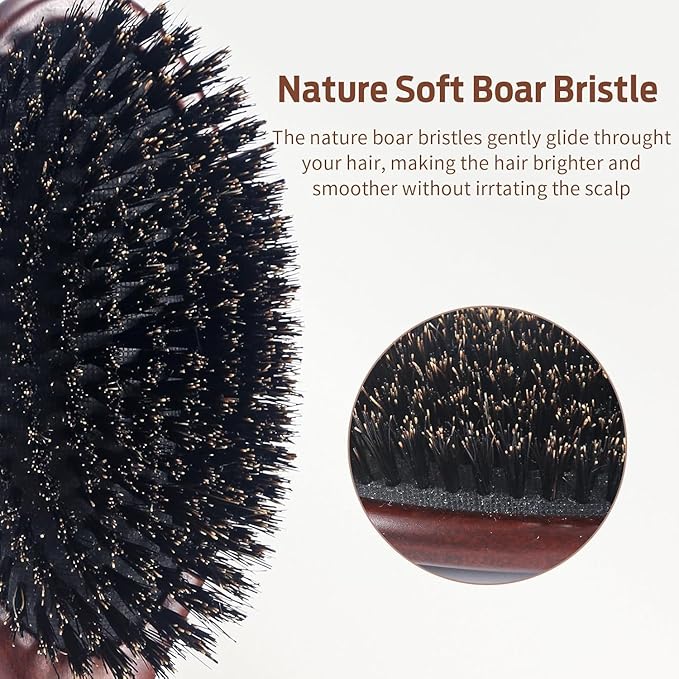 Hair Brush, Boar Bristle Hair Brush for Women Men Kids, Nature Bristles Hairbrush for Thin Fine All Hair Type, Restore Shine And Texture, Set Includes Cleaning Tool