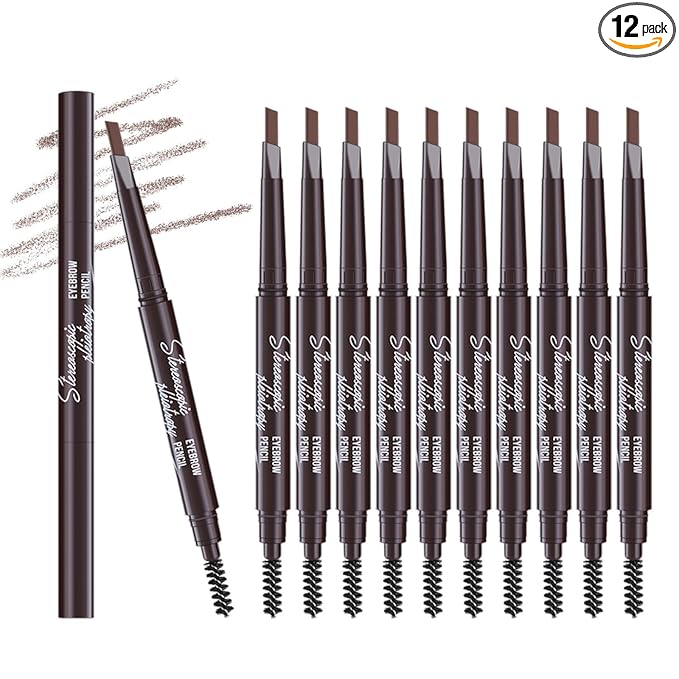 12pcs Light Brown Waterproof Eye Brow Pencils for Women, Retractable Dual-End Eyebrow Pencil with Brush, Triangular Tip Design, Easier to Define and Fill in Eyebrows for Natural Brow Shape