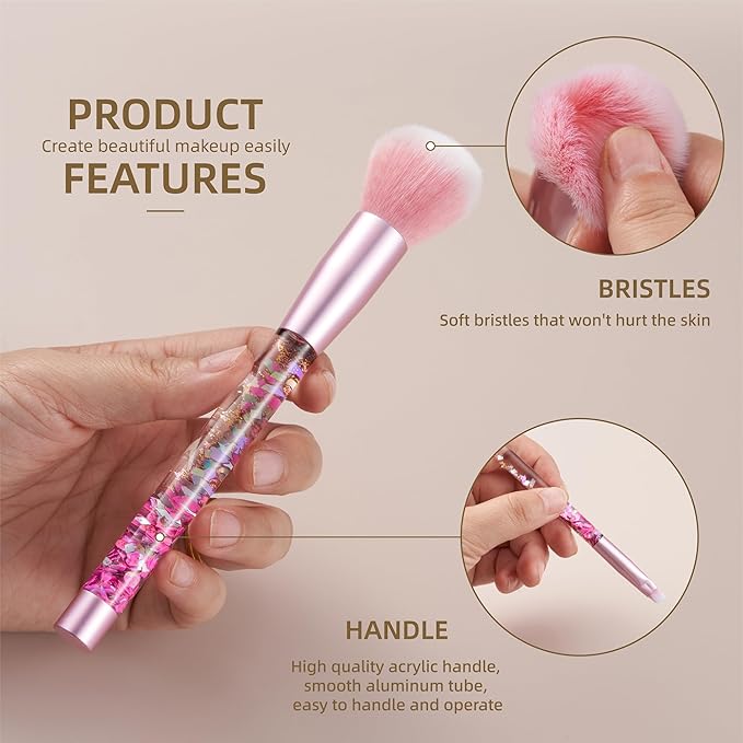 Makeup Brushes Set for Girls, Pink Liquid Flows 7PCS Foundation Fan Powder Blush Lip Eye Shadow Eyebrow Eye Blender Brush Set for Girls Teen Kids as Gift Present
