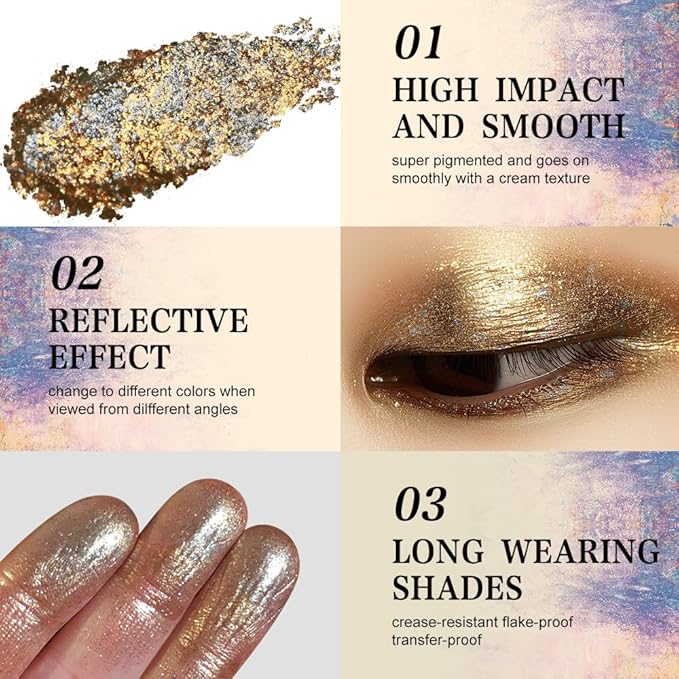 Multichrome Shimmer Eyeshadow, Intense Pigmentation Gold Silver Chameleon Sparkling Eyeshadow, Bright Highlighter Duochrome Eye Make Up, Multi-Reflective Finishes Glitter Metallic Shade, Talc Free, 08