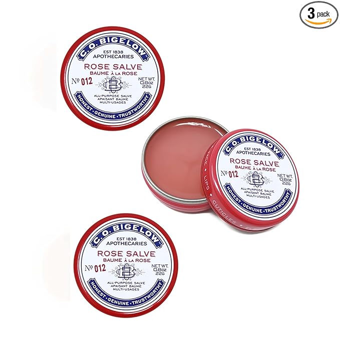 C.O. Bigelow Rose Salve Tins, Pack of 3 Lip Balm Tins, All Purpose Salve for Lips, Cuticles, Hands & Dry Skin, Lip Balm Set, 0.8 oz