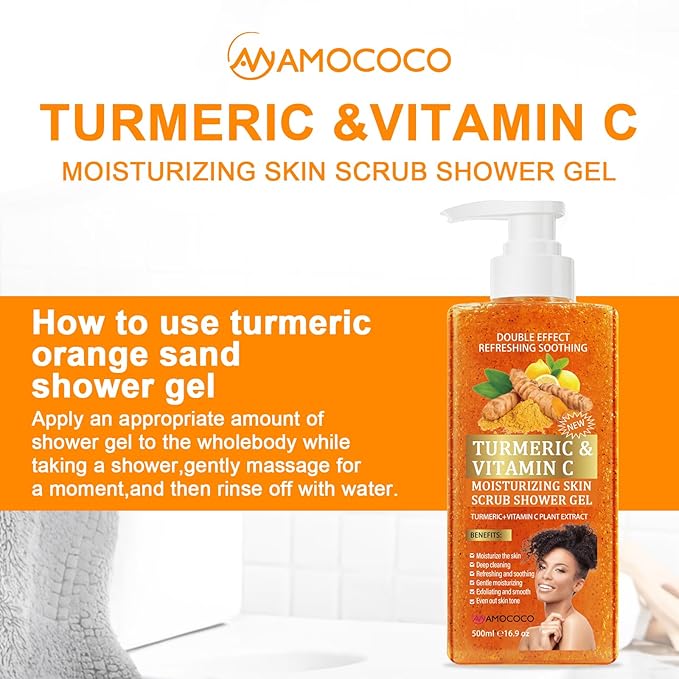 Turmeric Orange Vitamin C Body Wash with Cocoa Seed Exfoliant, Mattifying Scrub for Uneven Skin Texture, Body-Only Daily Use, 16.9 fl oz