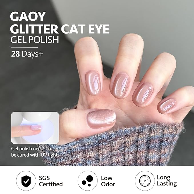 GAOY Glassy Cat Eye Gel Nail Polish, 16ml Glitter Holographic Nail Polish with Magnet, Reflective Translucent UV Gel, 2062 Pale Blush