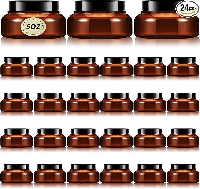 Tessco for you 24 Pack Plastic Jars with Lids Labels Multiuse Slime Containers Empty Body Scrub Jars Round Refillable Cosmetic Body Butter Container for Makeup (5 oz,Brown)