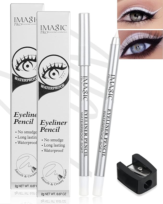 2Pcs White Waterproof Gel Eyeliner Pencils,Highlighter Eye Liner Pencil Matte Long Lasting Super Smooth formula White Eye Liner Eyeshadow Makeup Pens,Eyes Brightener Pencils with Pencil Sharpener