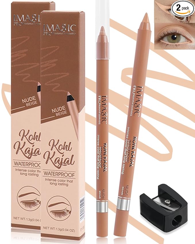 Nude Beige Water Line Gel Eyeliner Pencil-2Pcs Waterproof Longlasting Cream Eye Liner Waterline Brightener Pen,Smooth Easy-to-Sharpen Pencil with Sharpener,Thanksgiving Eye Makeup Gift Set for Girl
