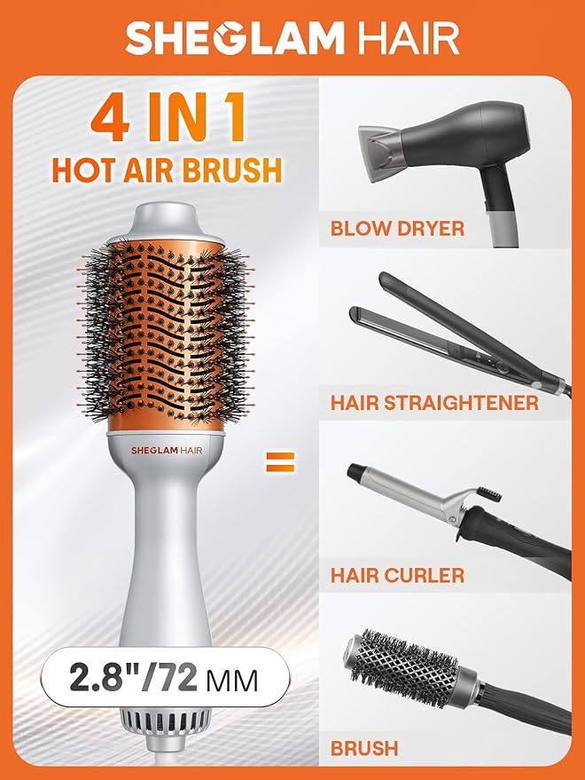 SHEGLAM 4-in-1 Hot Air Brush - Hair Dryer & Styler with 33000 RPM Motor, Gloss PRO Coating for Shine, 3 Heat Settings, Tangle-Free Ionic Bristles for Frizz-Free Blowouts (US Plug)