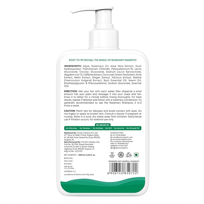 Aravi Organic Rosemary Anti-Hairfall Shampoo | Shampoo For Hair Growth & Hairfall Control | Up to 94% Stronger Hair | Sulphate Free | For Dry & Frizzy Hair | All Hair Types - 6.7 FL Oz / 200 ml