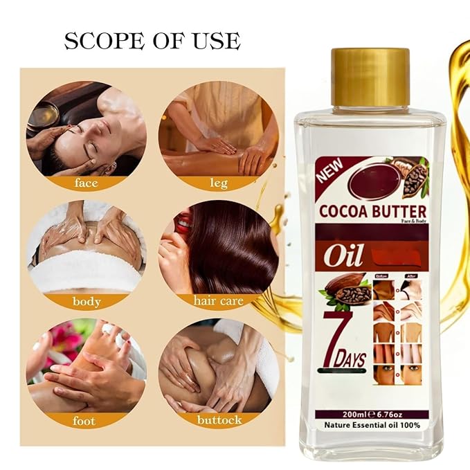 Cocoa Butter Oil for Massage and Skin Moisturizing, Lightweight Hydrating Body Oil for Dry Skin, Spa Body Care Oil with Cocoa Butter Extract, 200ml / 6.76 fl oz