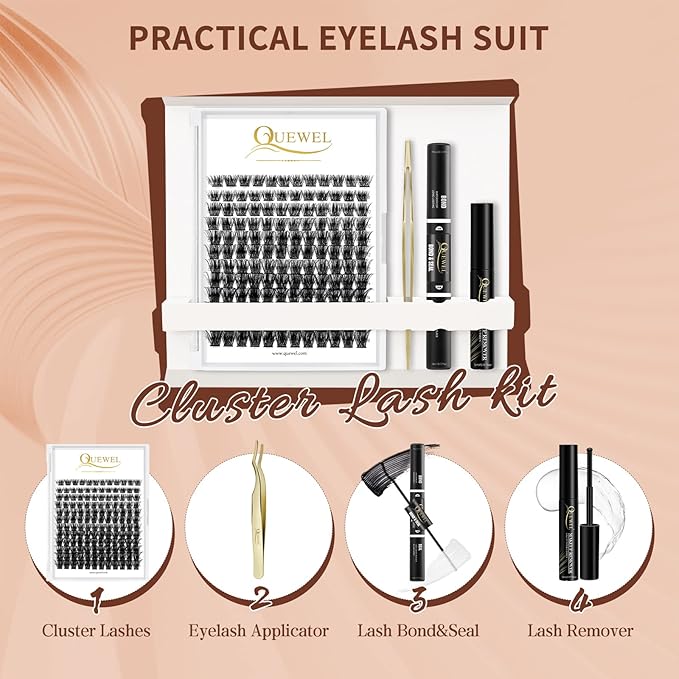 QUEWEL Lash Clusters Kit 144 Pcs Eyelash Clusters, with Applicator Tool, Super Hold Cluster Lashes Bond and Seal, Glue Remover Easy to Apply at Home(Honey01-Kit)