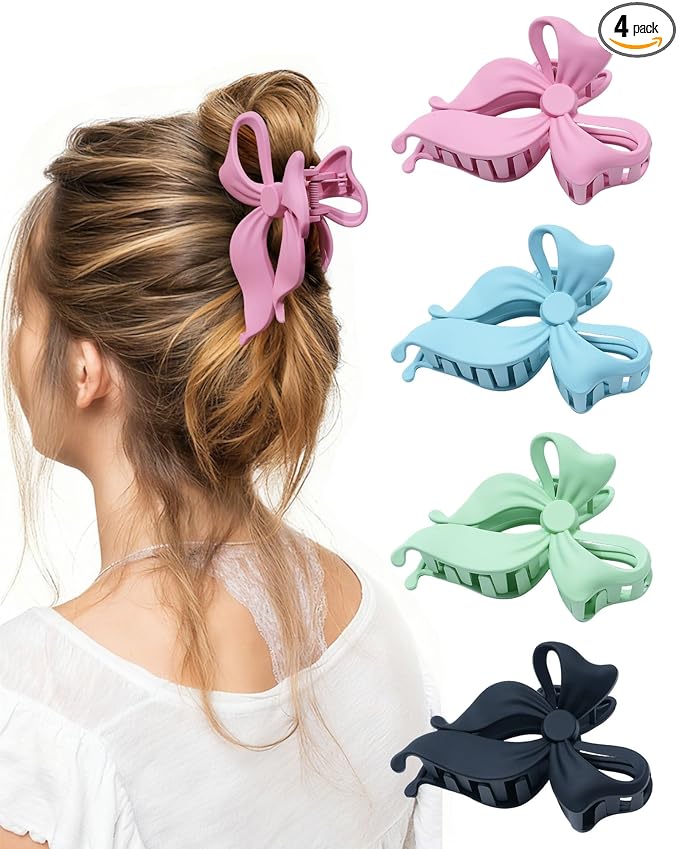 4 PCS Bow Hair Clips Bow Claw Clip for Women, Large Hair Claw Clips for Thin Thick Long Hair Cute Nonslip Bows (Blue+Pink+Green+Blue+Black)