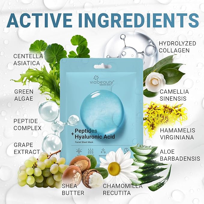 VIABEAUTY 12 Pack of Hyaluronic Acid Face Mask with Peptides Complex - Deep Hydrating & Brightening Facial Sheet Mask - Moisturizing Face Masks Skincare Facial Sheets for All Skin Types