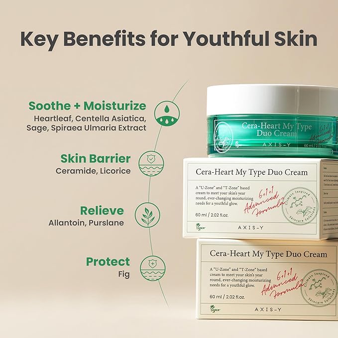 AXIS-Y Cera-Heart My Type Duo Cream with Heartleaf & Ceramide - Redness Relief & Moisture Skin Barrier Repair - Vegan Korean Skin Care Moisturizer Face Cream (2.02 fl. oz.)