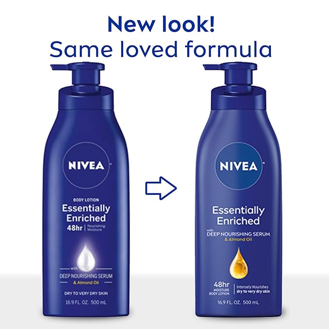 NIVEA Essentially Enriched Body Lotion for Very Dry Skin with Hyaluronic Acid, Almond Oil and Deep Nourishing Serum, 72-Hour Body Moisturizer, 16.9 Fl Oz Pump Bottle (Pack of 2)