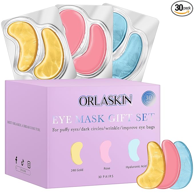 Eye Patches Under Eye Mask Skincare Hyaluronic Acid Under Eye Patches for Teen Girls Puffy Eyes and Dark Circles 24k Gold,Hyaluronic Acid,Rose,Eye Mask Pads Bag Treatment Skin Care(30Pairs)