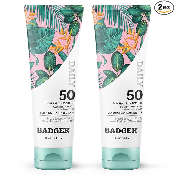 Badger SPF 50 Daily Mineral Sunscreen with Zinc Oxide, 85% Organic, Lightweight & Easy to Apply, No White Cast, Moisturizing, Reef Safe, Vegan, Unscented, 4 fl oz, 2 Pack