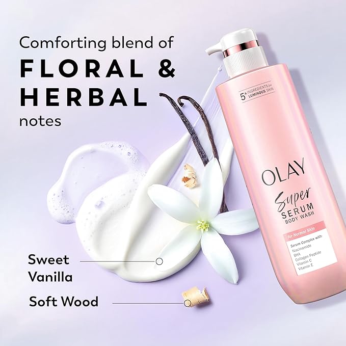 Olay Super Serum Body Wash for Normal Skin, 24hr Long Lasting Rich Hydration, 5+ Ingredient Complex for Bright, Even, Firm, & Luminous Skin, with Collagen Peptide, BHA, Vitamin C, 20 fl oz
