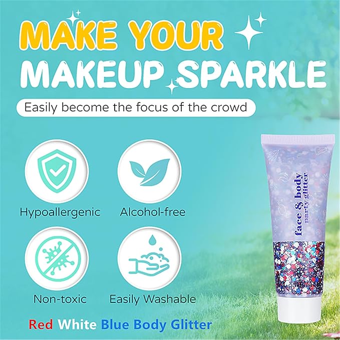 Go Ho Red White and Blue Body Glitter,4th of July Outfits for Women&Kids,Patriotic USA Flag Face Hair Glitter for Memorial Independence Day,Holographic Chunky Glitters Sequins,4th of July Accessories