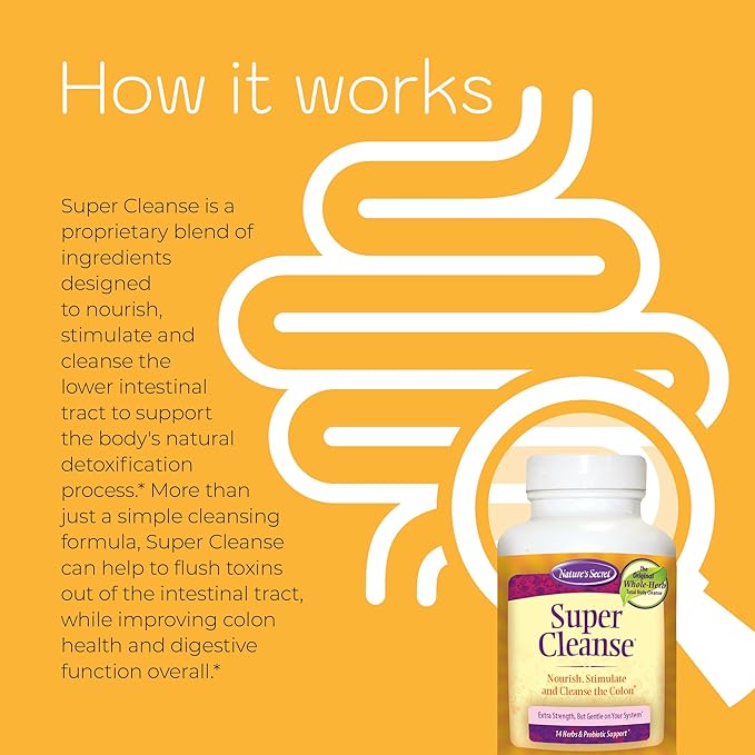 Nature's Secret Super Cleanse Extra Strength Toxin Detox & Gentle Elimination Body Cleanse, Digestive & Colon Health Support - Stimulating Blend of 14 Herbs with Probiotics - 200 Count (Pack of 2)