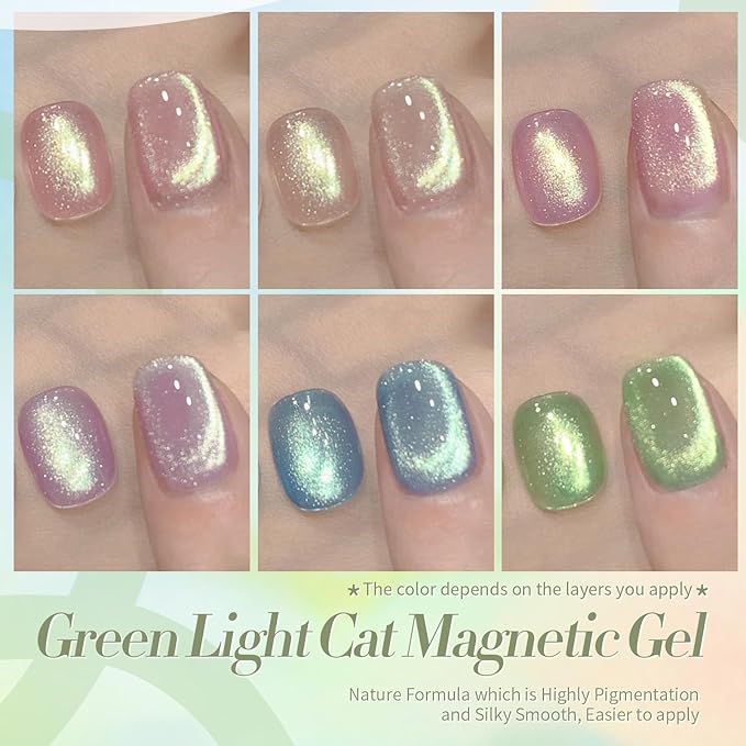 Born Pretty Cat Magnetic Eye Gel Nail Polish, Shimmer Glitter Holographic Auroas Gels Spring Summer Pink Green Blue Translucent, Gel Polish Set Manicure Salon Nails Art DIY at Home