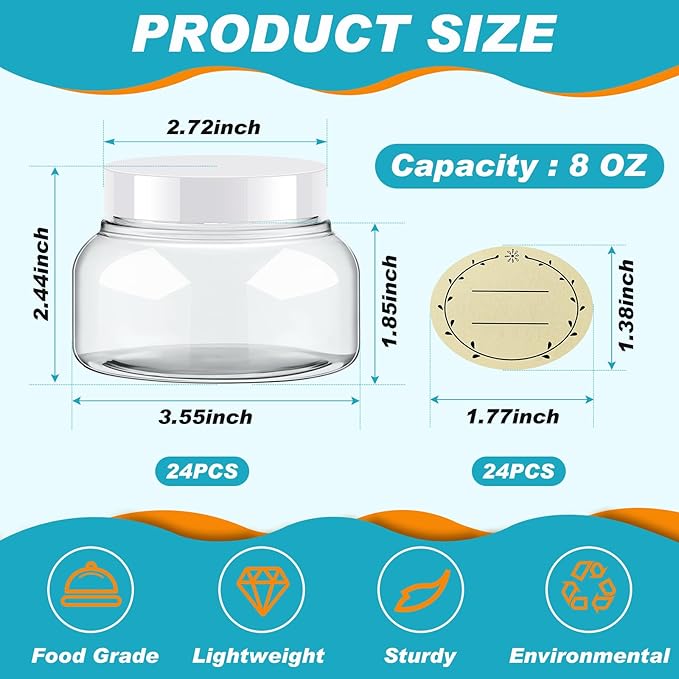 Tessco for you 24 Pack Plastic Jars with Lids Labels Multiuse Slime Containers Empty Body Scrub Jars Round Refillable Cosmetic Body Butter Container for Makeup (8 oz,White)