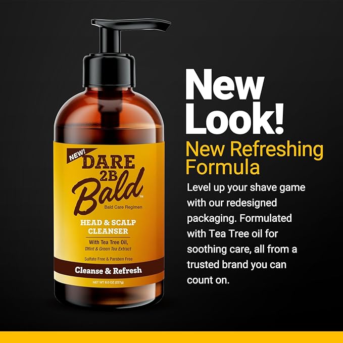 Dare 2B Bald Head & Scalp Cleanser | Bald Head Shampoo with Tea Tree Oil, Mint & Green Tea Extract | Bald Scalp Moisturizer and Exfoliator for Men - 8 FL OZ