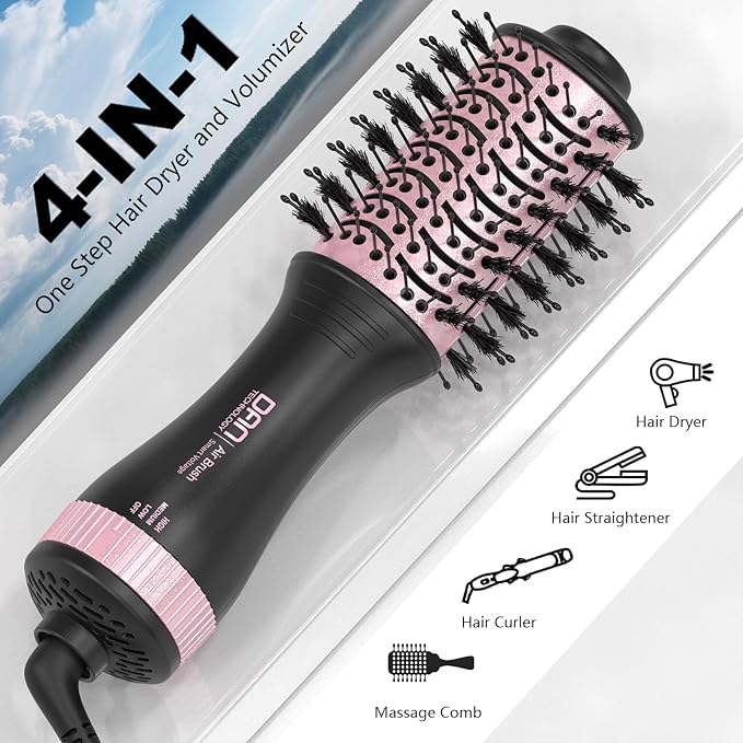 DAN (100V-240V) Auto Dual Voltage Hair Dryer Brush,Travel Hair Dryer Brush with Multi-Function Plug Adapter,Mini Blow Dryer Brush for Home and International Travel