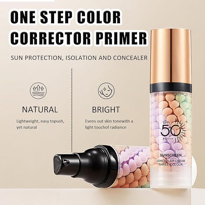 3 In 1 Primer for Face Before Makeup, SPF 50 PA+++, Sunscreen Isolation Cream, One Step Color Corrector Primer, Blurs Facial Serum Oil Control & Moisturizing Skin Tone Correcting, Radiance Skin