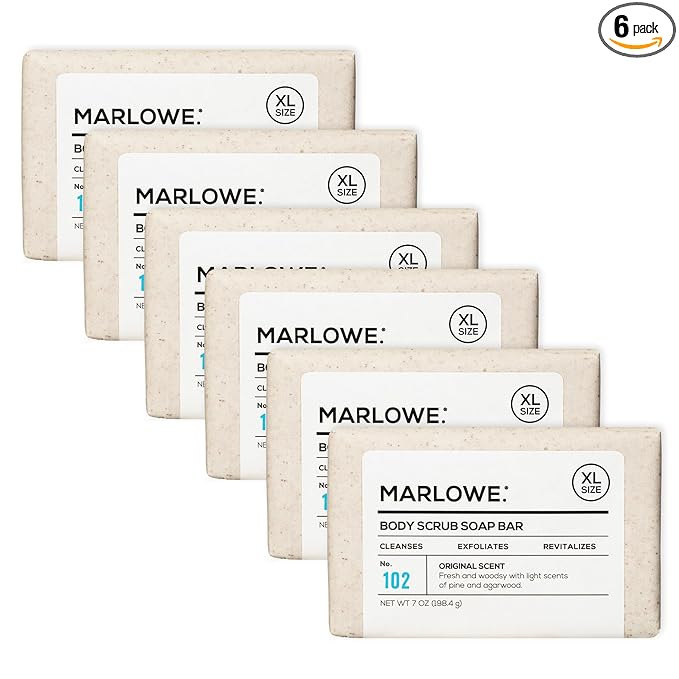 MARLOWE. No. 102 Body Scrub Soap 7 oz (6 Bars) Exfoliating Soap Bar with Shea Butter, Olive Oil & Green Tea, Cleanses & Smooths, Sage & Fir Scent