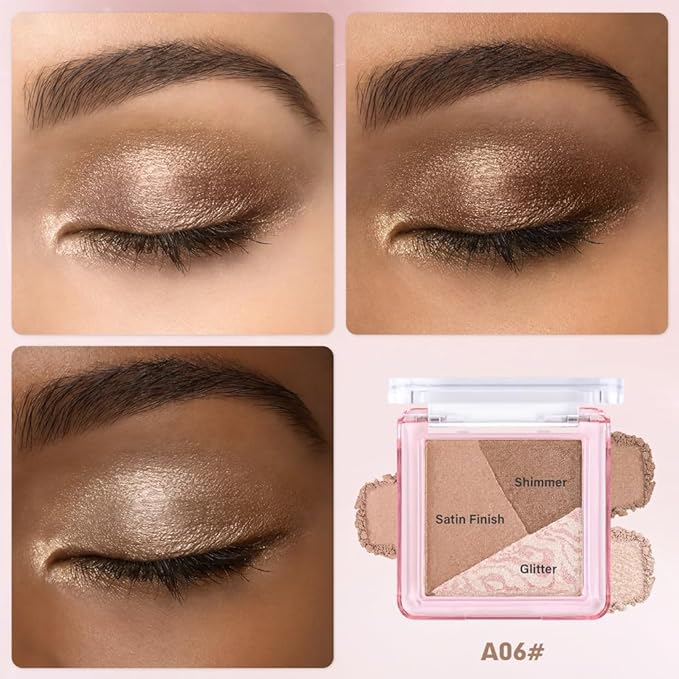 Eyeshadow Palette-Mini 3-in-1 Eye Shadow Powder Palettes Makeup-Matte&Shimmer Baked Eye Shadow for Women，paleta de sombras de ojos，Buildable Smooth Silky Waterproof for Daily Looks，06 Brown Champagne