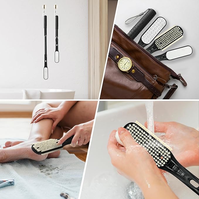 Long Handle Foot Scrubber with Toe Gap Cleaner, 18.8" - 25.9" Telescopic Toe Cleaning Brush, Foot File Callus Remover for Men, Women and Seniors