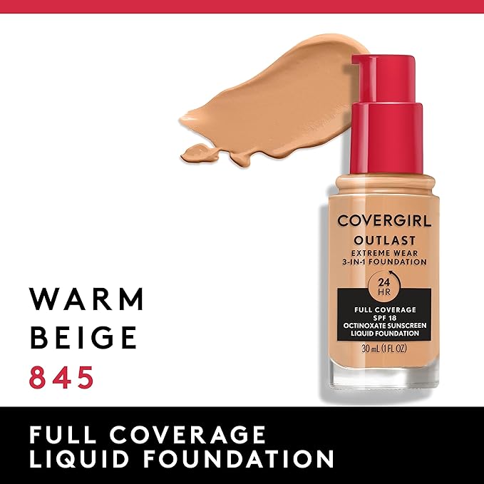 Covergirl Outlast Extreme Wear 3-in-1 Full Coverage Liquid Foundation, SPF 18 Sunscreen, Warm Beige, 1 Fl. Oz.