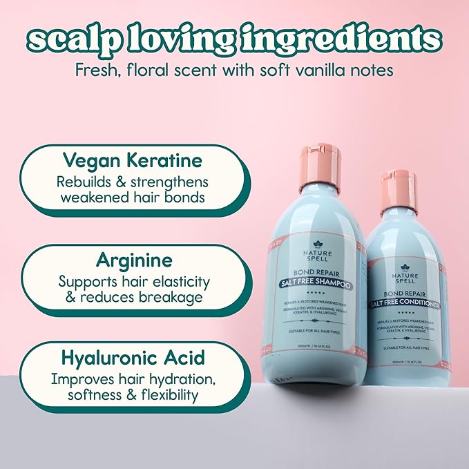 Nature Spell Bond Repair Shampoo & Conditioner Set, Sulfate & Paraben Free, Repairs & Nourishes with Keratin & Hyaluronic Acid, Color Safe, For All Hair Types, Vegan, Pack of 2, 10.14 fl oz Each