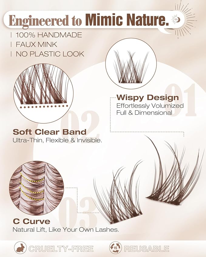 Brown Lash Clusters 8-10-12MM Short Wispy Eyelash Extensions with Natural C Curl and Flexible Clear Band 144Pcs Pestañas Postizas Marrón, Easy Application, For Blondes and Redheads