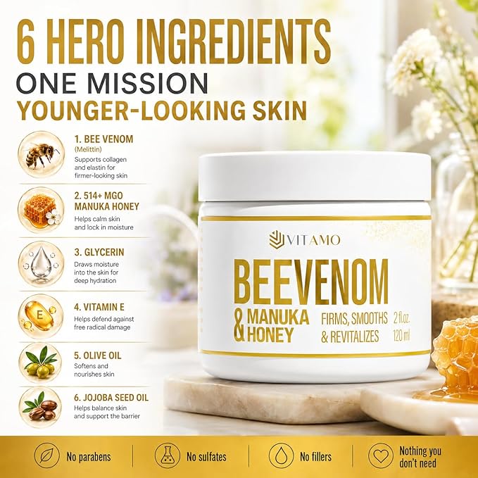 Vitamo Bee Venom Skin Treatment Cream | Face & Neck Wrinkle Moisturizer That Firms & Tightens | Made In USA | Hydrating Skin Restoration with Smoothing Effect | Instant Face Lift Cream, 2oz