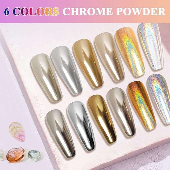 Gold Silver Chrome Nail Powder, 6 Colors Holographic Unicorn Iridescent Nail Chrome Powder, Metallic Mirror Effect Light Gold Champagne Chrome Powder Palette Pigment Glitter for Nail Art